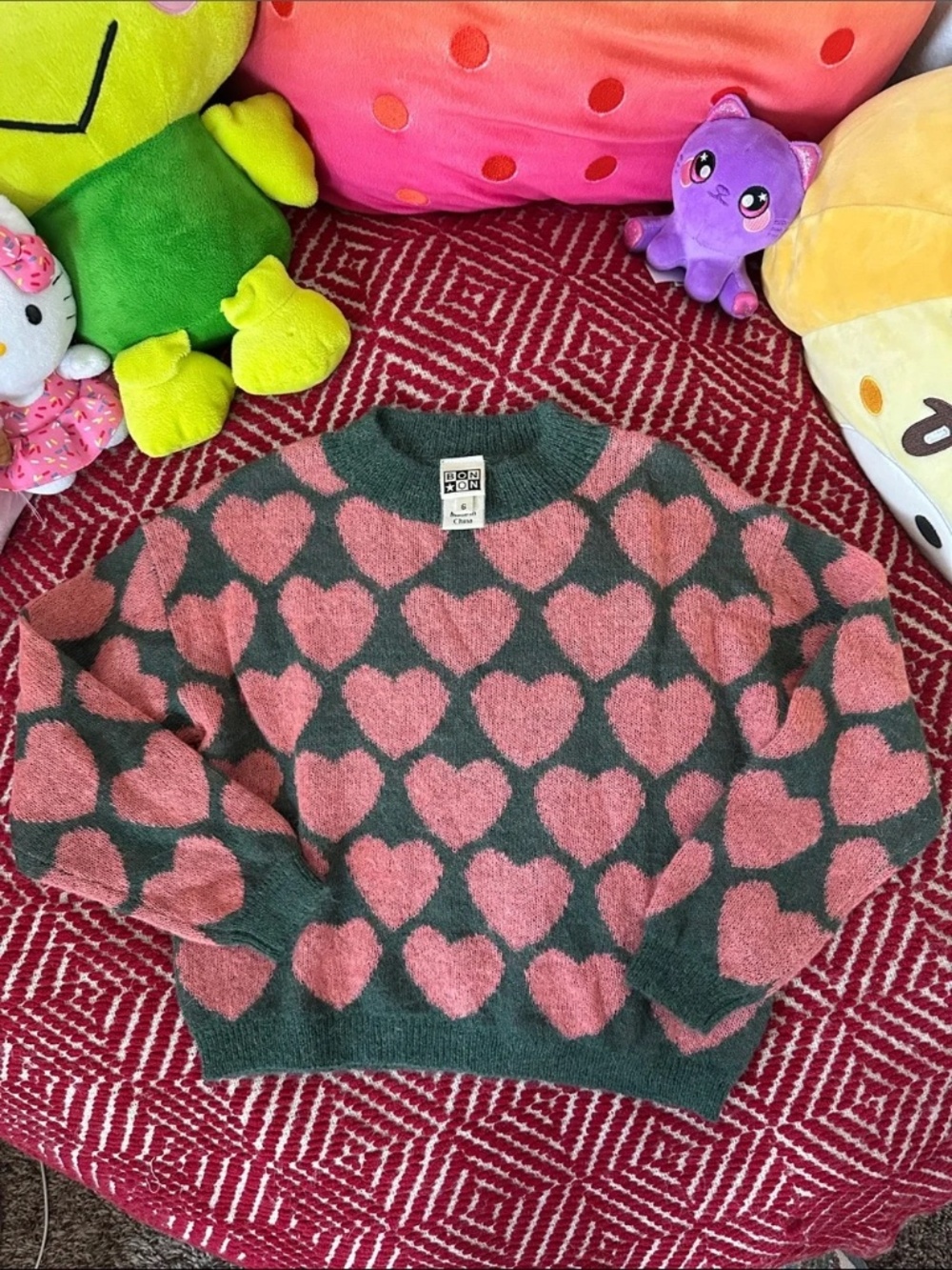 Bonton Lovely Hearts Pink Green Sweater Girls Alpaca Wool Blend Size 6